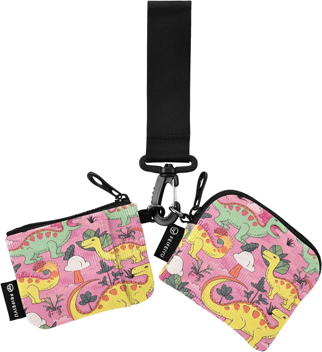 Cute Cartoon Dinosaur Zip Around Wristlet Wallet for Women Portable Detachable Dual Pocket Keychain Wallet Wrist Wallet