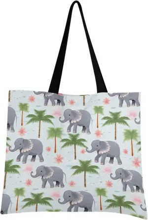 Cute Elephant Palm Tree Flower Tote Bag for Women Canvas Shoulder Handbags Reusable Grocery Bags Large Purse with Inner Pocket 214a7481