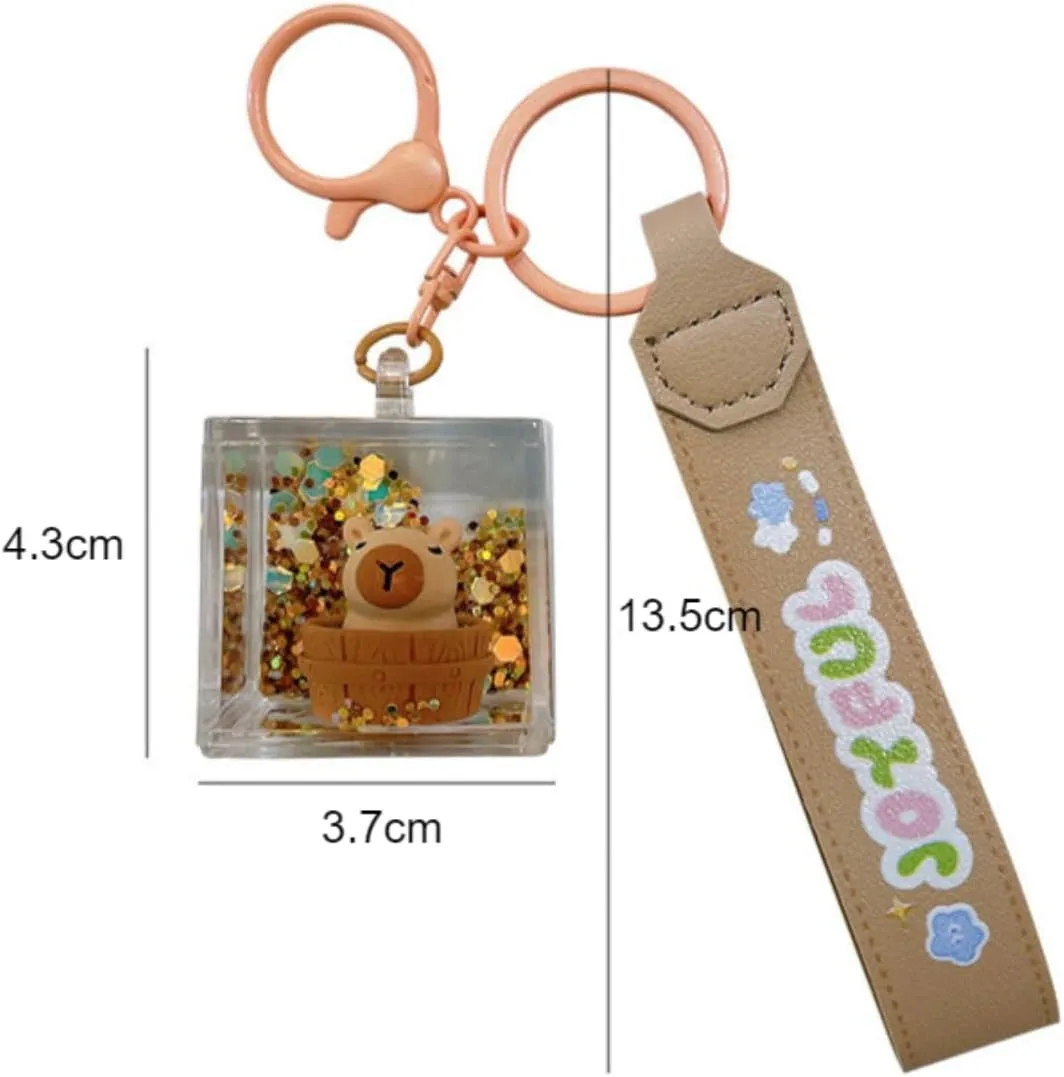 Cute Kapibala Liquid Floating Keychains for Women Wristlet Key Ring Pendant Charm for Bag Backpack