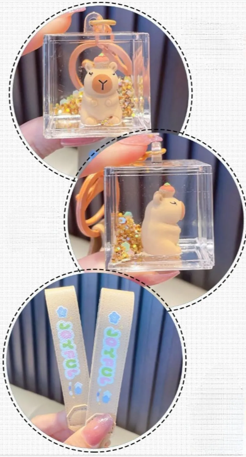 Cute Kapibala Liquid Floating Keychains for Women Wristlet Key Ring Pendant Charm for Bag Backpack