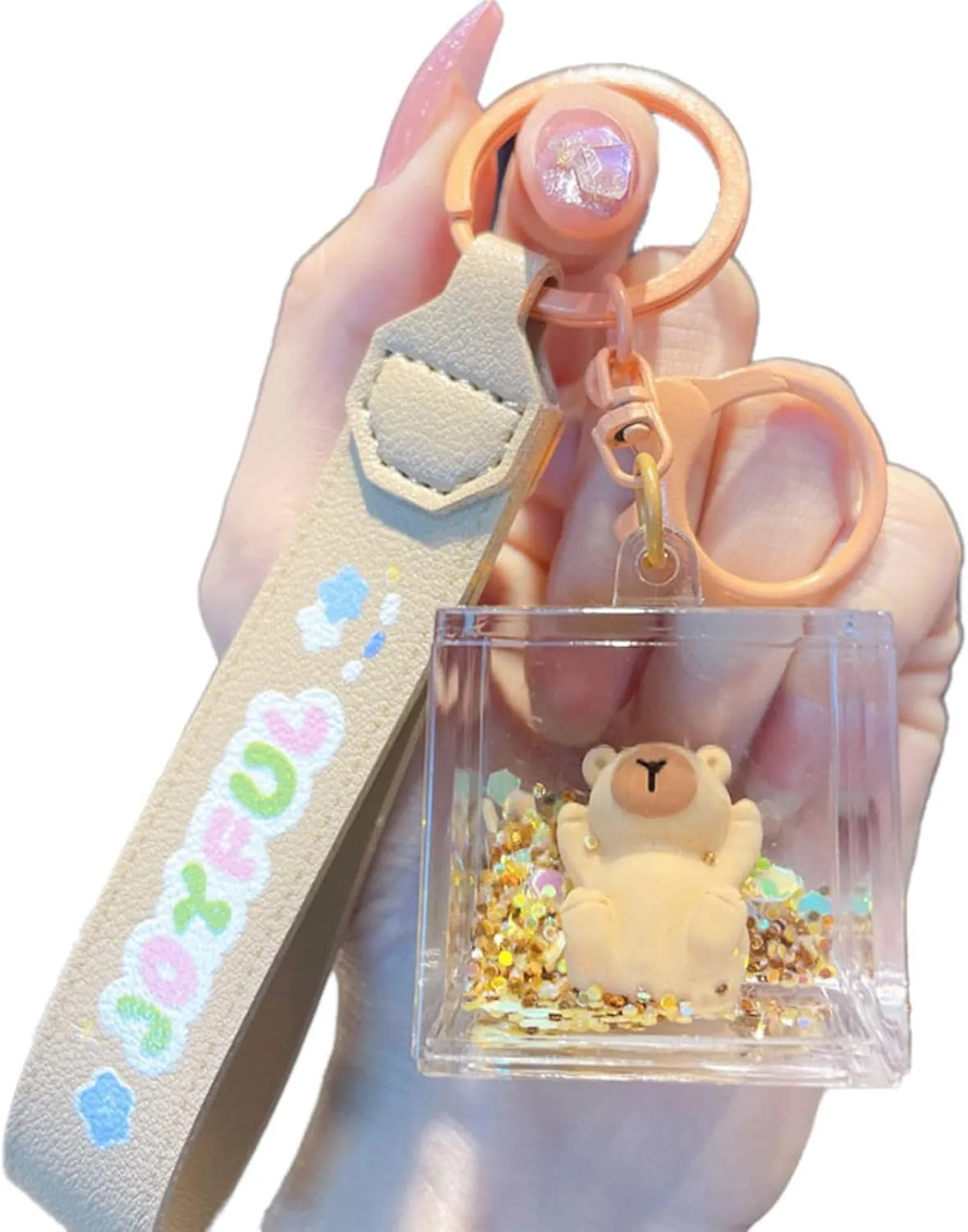 Cute Kapibala Liquid Floating Keychains for Women Wristlet Key Ring Pendant Charm for Bag Backpack