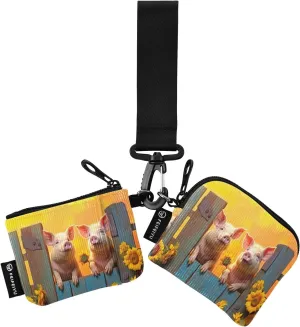 Cute Pigs and Sunflowers Zip Around Wristlet Wallet for Women Portable Detachable Dual Pocket Keychain Wallet Wrist Wallet