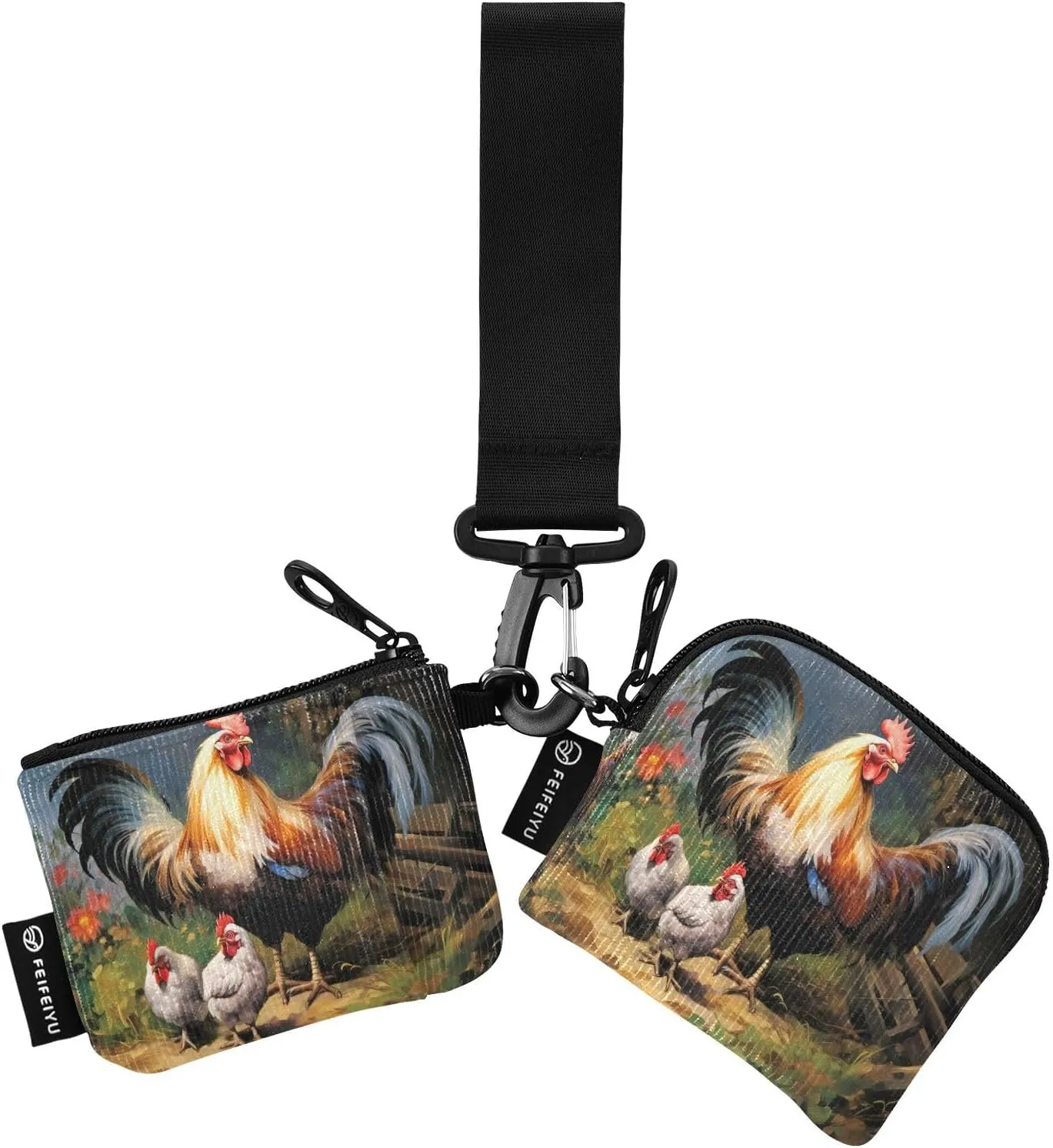 Cute Rooster Zip Around Wristlet Wallet for Women Portable Detachable Dual Pocket Keychain Wallet Wrist Wallet