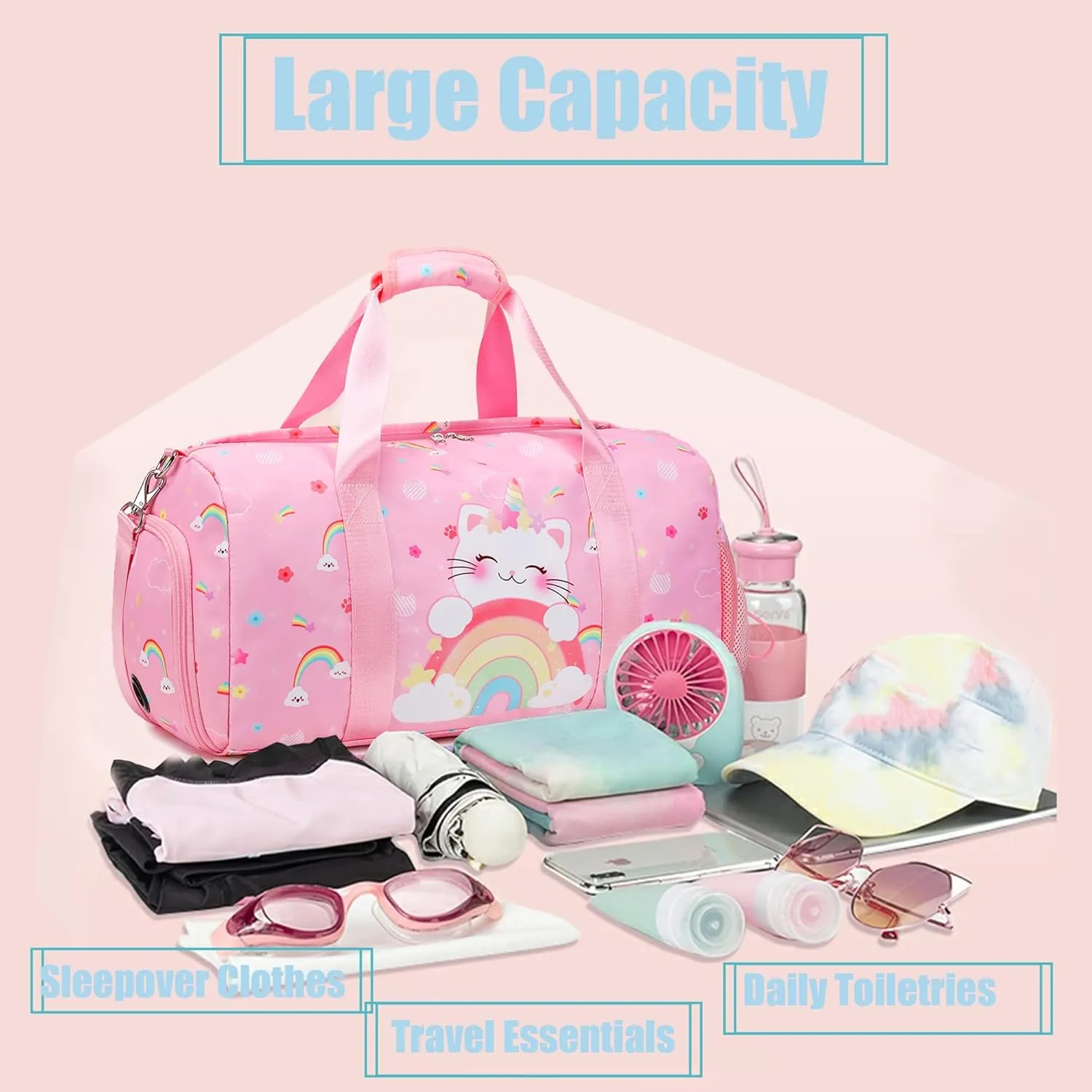 Dance Bag for Girls Ballet Bag Duffle Bag Sports Gymnastic Bag Travel Bag for Sleepover Overnight Bag with Shoe Compartment and Wet PocketUnicorn Cat
