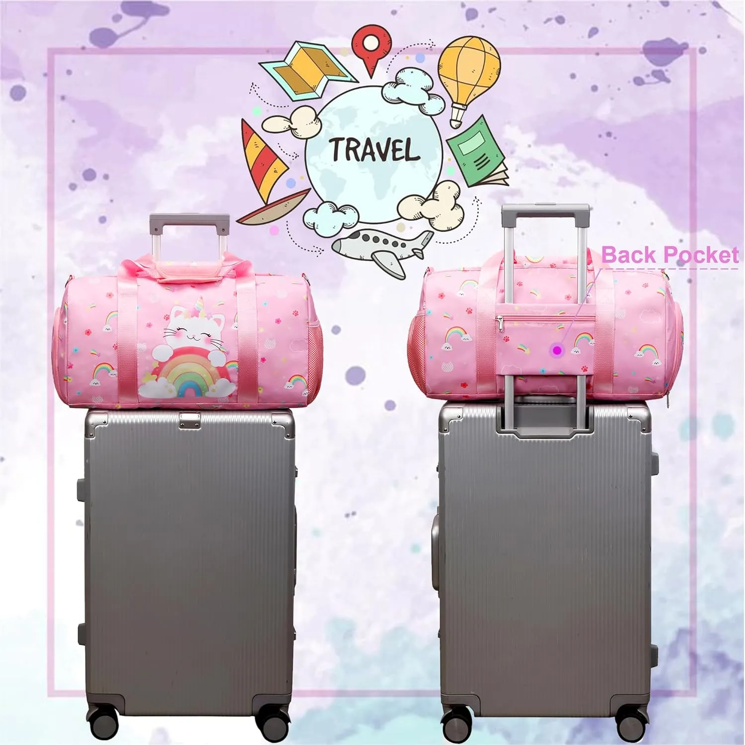 Dance Bag for Girls Ballet Bag Duffle Bag Sports Gymnastic Bag Travel Bag for Sleepover Overnight Bag with Shoe Compartment and Wet PocketUnicorn Cat