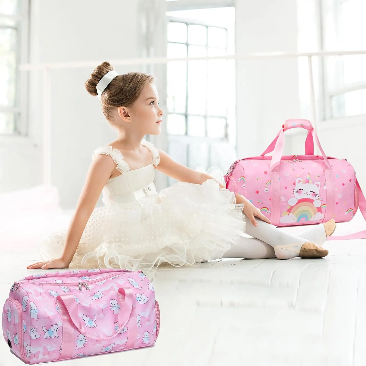 Dance Bag for Girls Ballet Bag Duffle Bag Sports Gymnastic Bag Travel Bag for Sleepover Overnight Bag with Shoe Compartment and Wet PocketUnicorn Cat