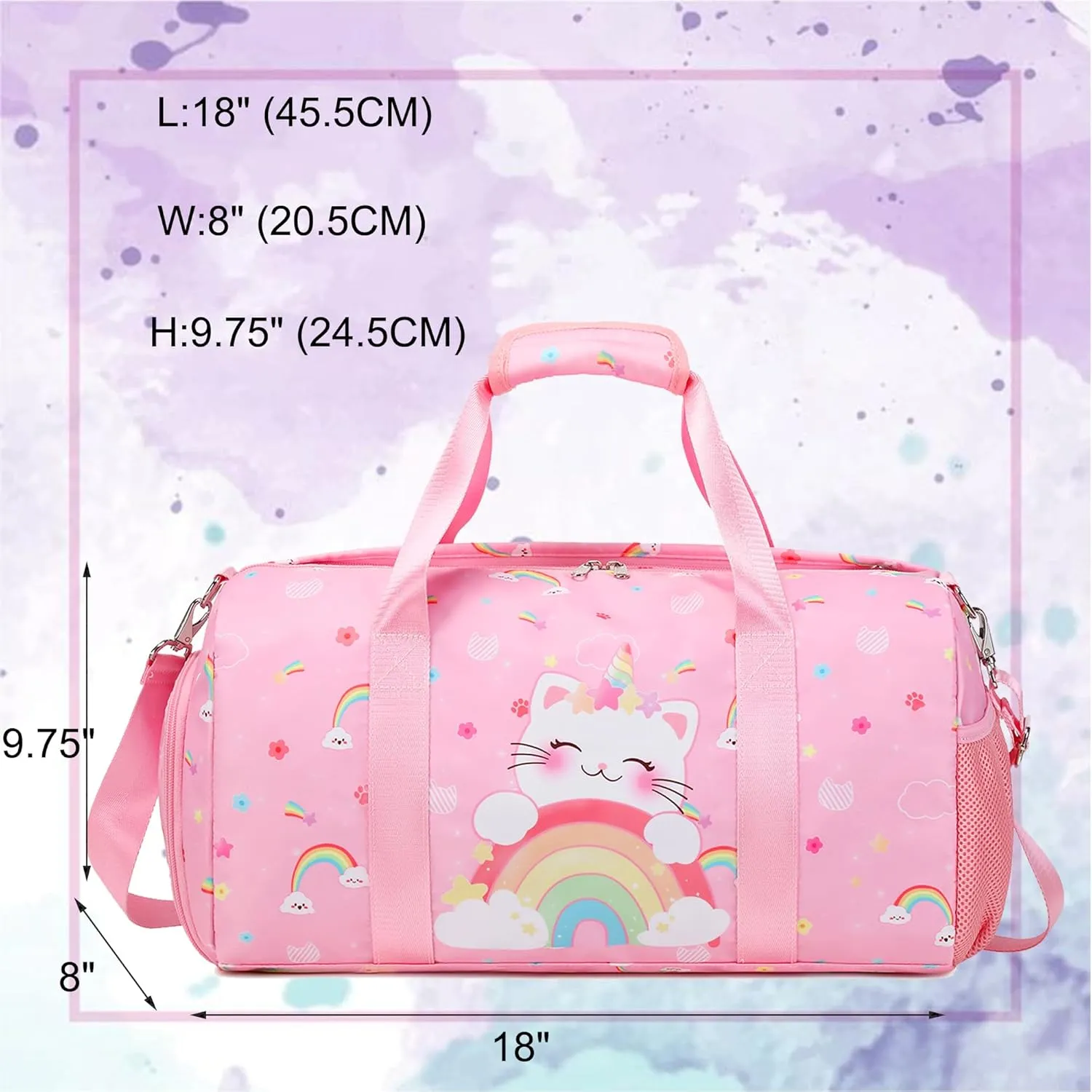 Dance Bag for Girls Ballet Bag Duffle Bag Sports Gymnastic Bag Travel Bag for Sleepover Overnight Bag with Shoe Compartment and Wet PocketUnicorn Cat