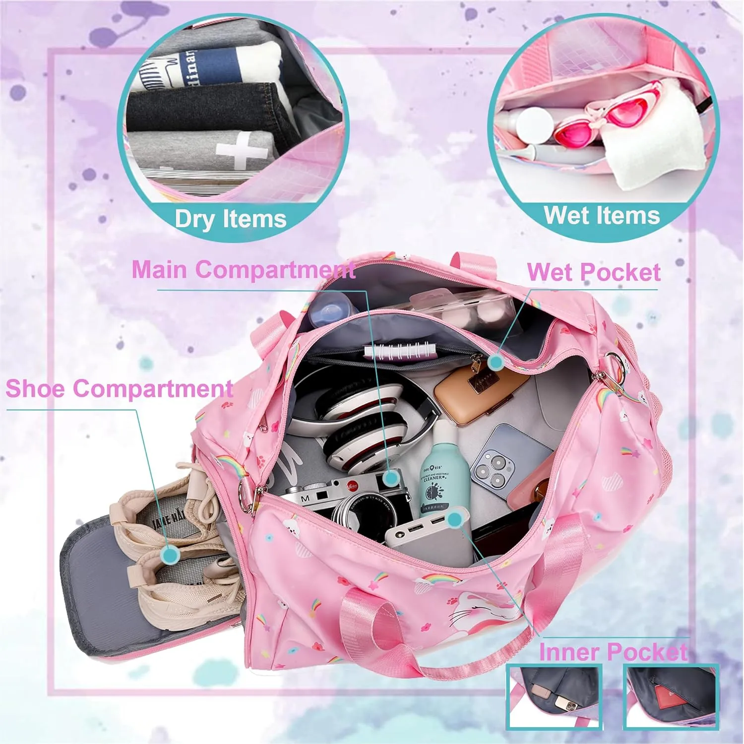 Dance Bag for Girls Ballet Bag Duffle Bag Sports Gymnastic Bag Travel Bag for Sleepover Overnight Bag with Shoe Compartment and Wet PocketUnicorn Cat