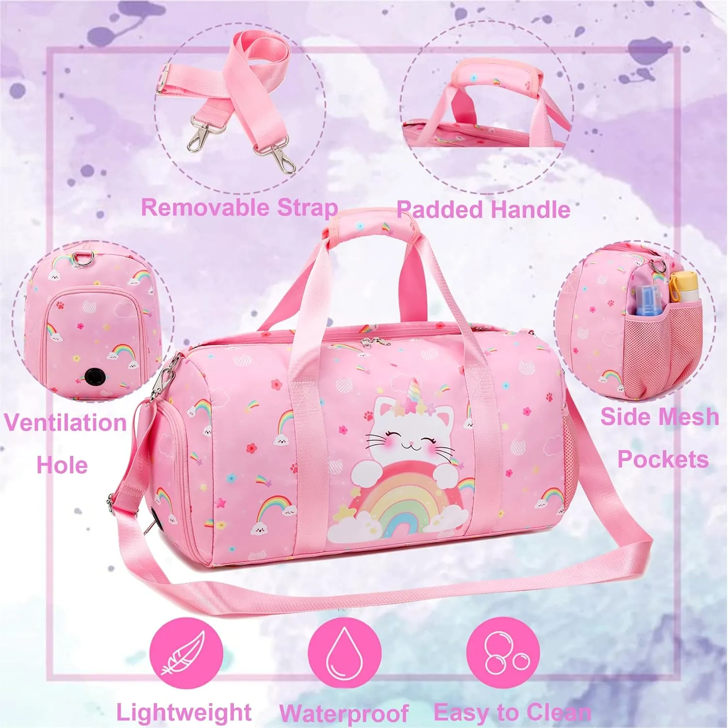 Dance Bag for Girls Ballet Bag Duffle Bag Sports Gymnastic Bag Travel Bag for Sleepover Overnight Bag with Shoe Compartment and Wet PocketUnicorn Cat