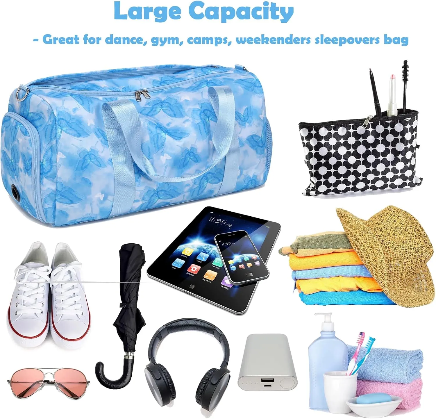 Dance Bag for Girls, Blue Butterfly Ballet Gym Sports Overnight Weekender Carry On Travel Bag Bag with Shoe Compartments