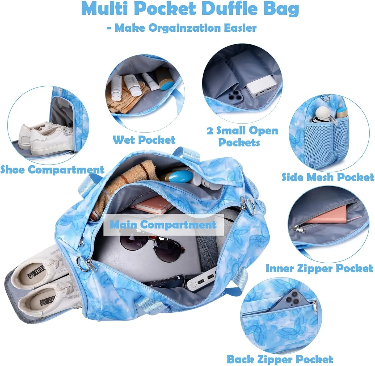 Dance Bag for Girls, Blue Butterfly Ballet Gym Sports Overnight Weekender Carry On Travel Bag Bag with Shoe Compartments