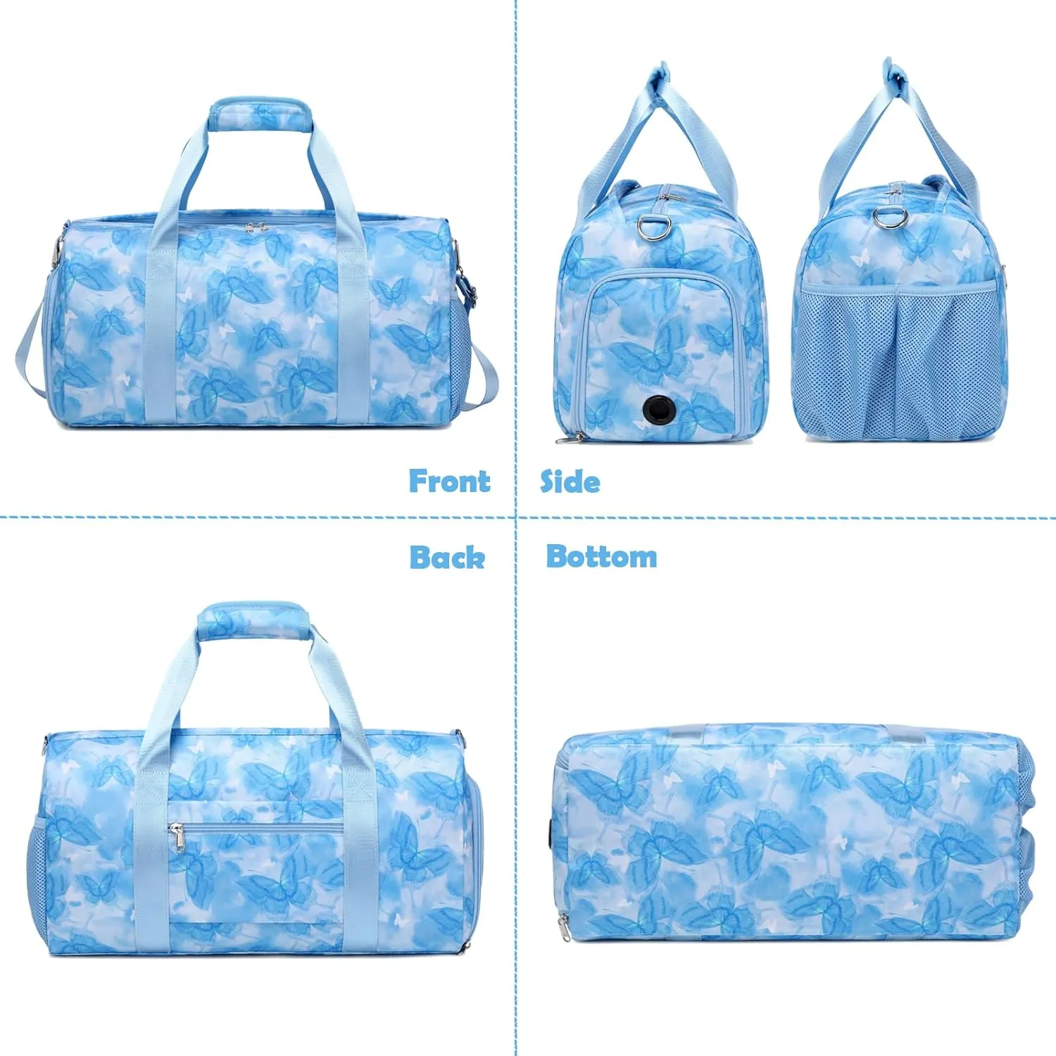 Dance Bag for Girls, Blue Butterfly Ballet Gym Sports Overnight Weekender Carry On Travel Bag Bag with Shoe Compartments