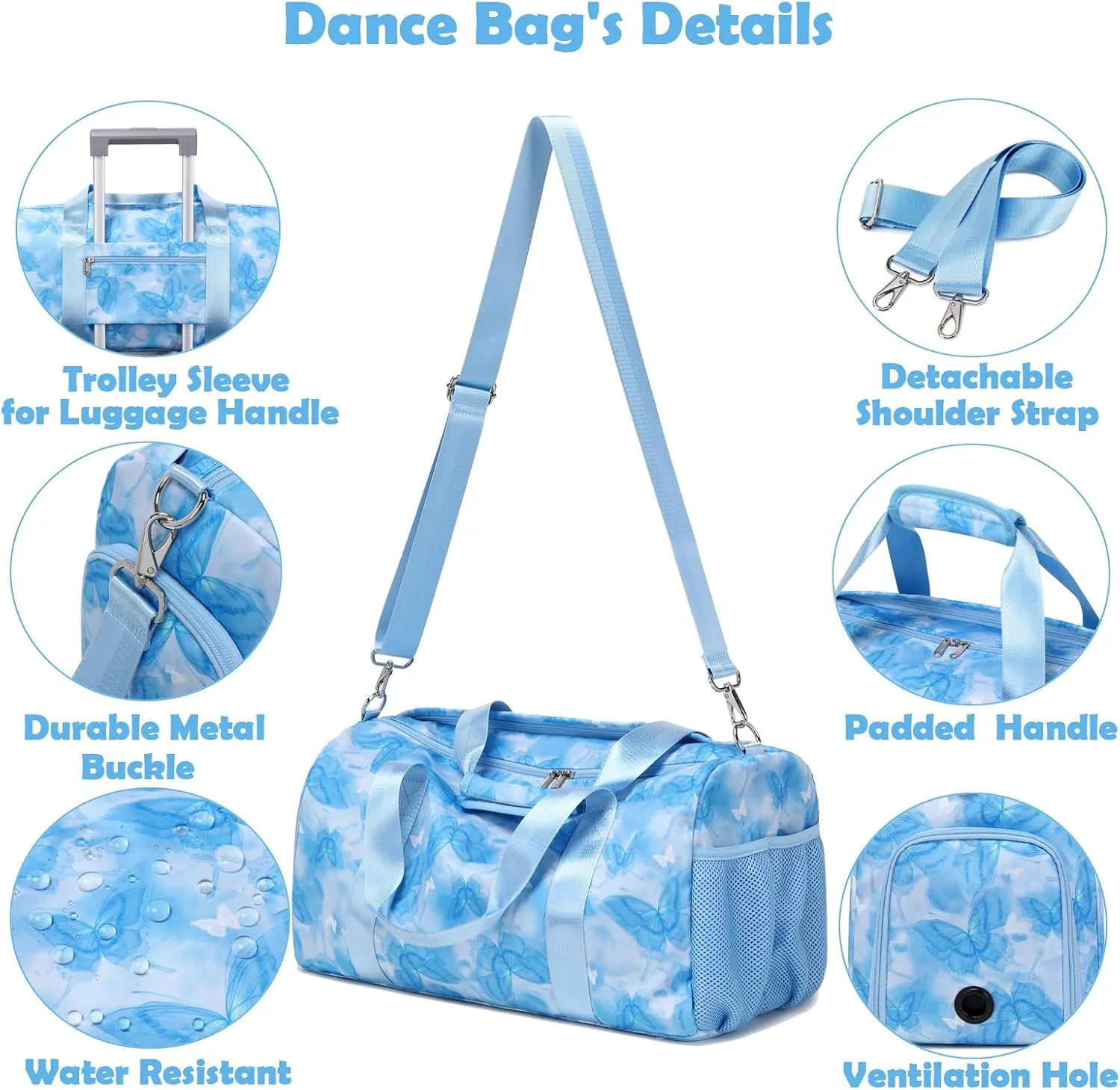 Dance Bag for Girls, Blue Butterfly Ballet Gym Sports Overnight Weekender Carry On Travel Bag Bag with Shoe Compartments