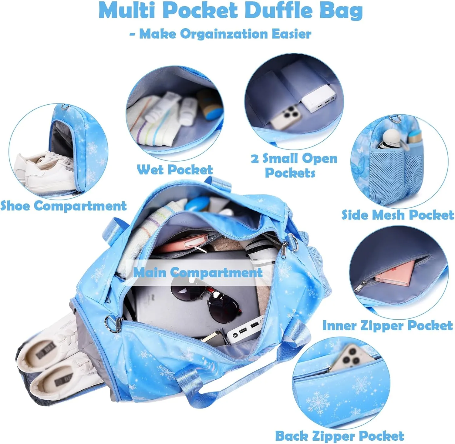 Dance Bags for Girls, Fairy Blue Duffle Bags with Wet & Shoe Compartment Ballet Bag for Girls, Water Resistant Gym Sport Travel Bag Overnight Sleepover Bags