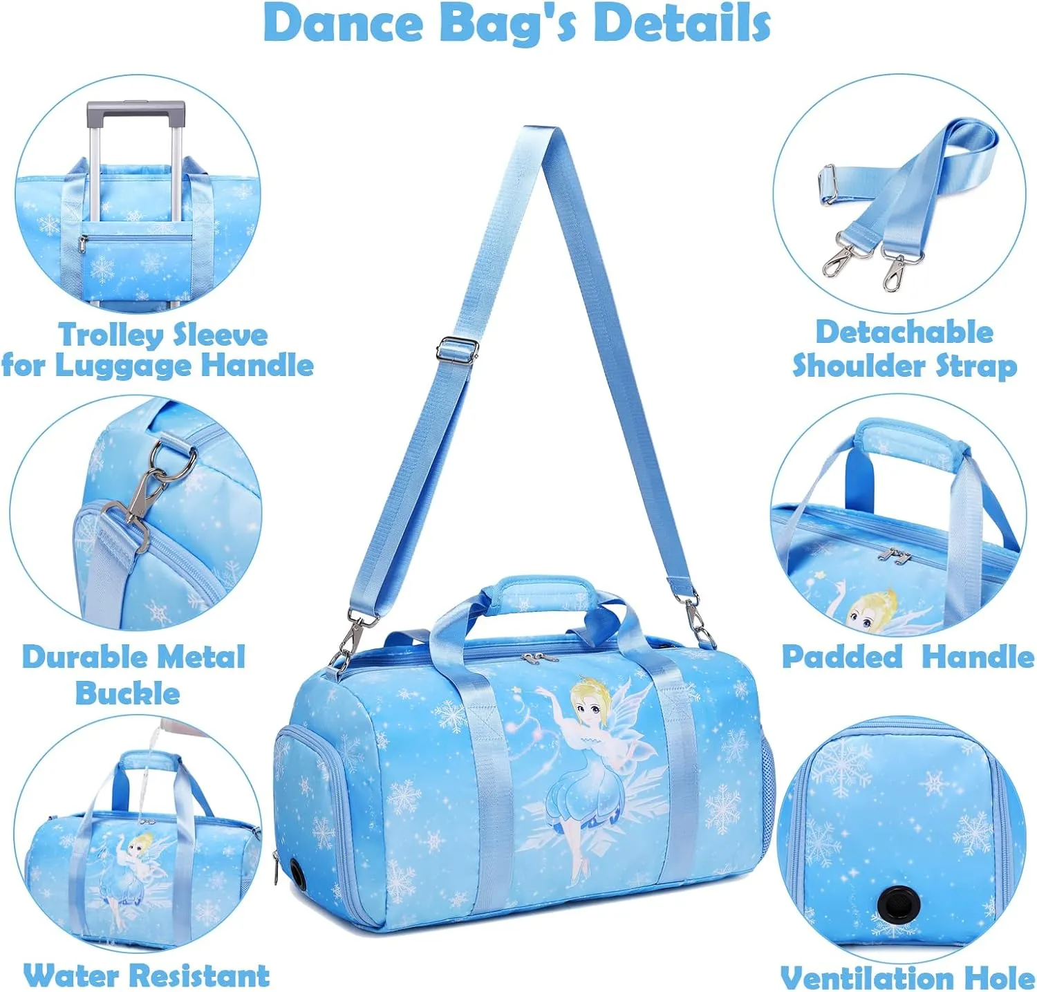 Dance Bags for Girls, Fairy Blue Duffle Bags with Wet & Shoe Compartment Ballet Bag for Girls, Water Resistant Gym Sport Travel Bag Overnight Sleepover Bags