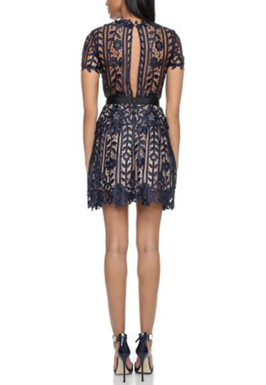 Dark Navy Amarylis Short Sleeves Lace Mini Dress (UK 8)