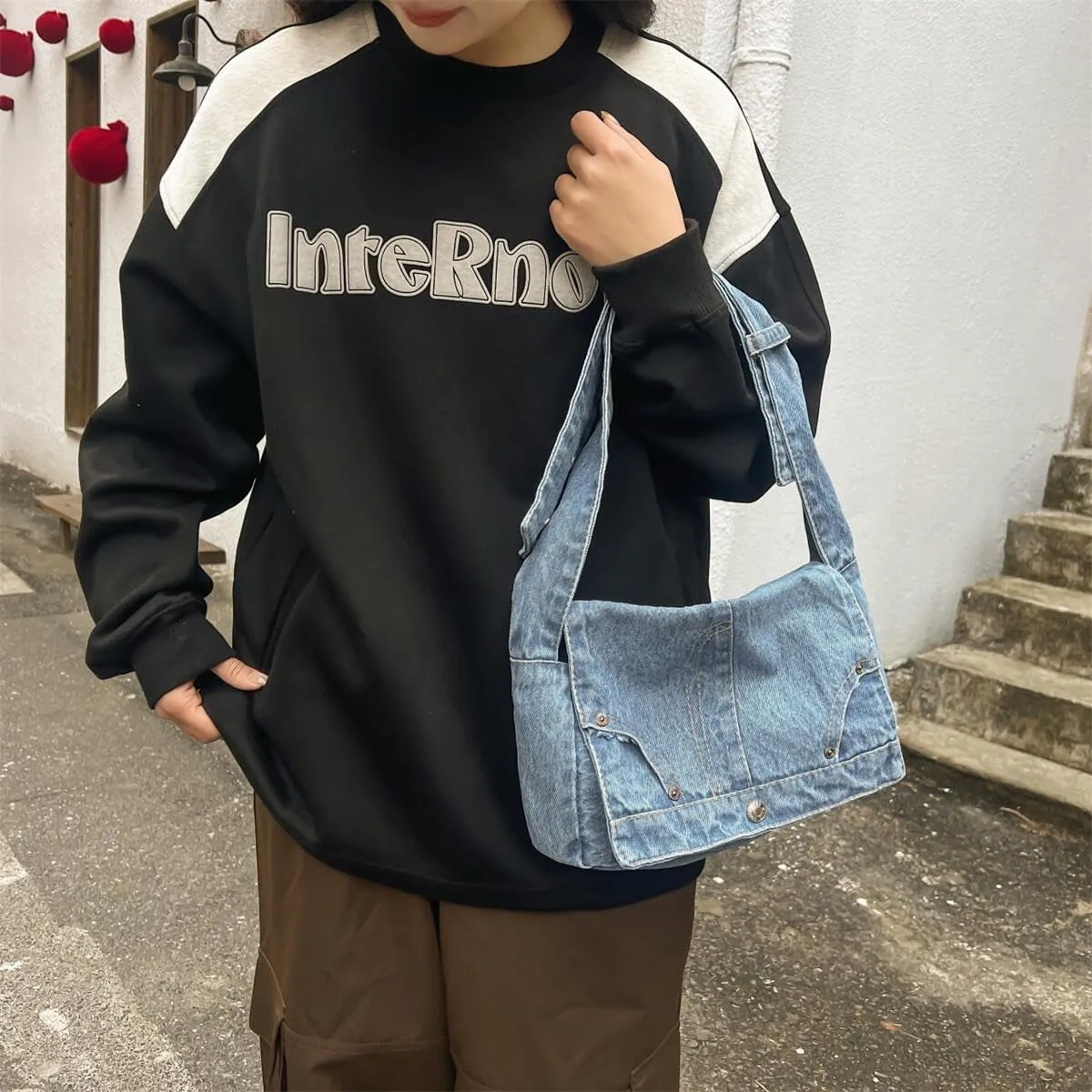Denim Shoulder Bag for Women Satchels Large Crossbody Handbag Jean Casual Tote Purse