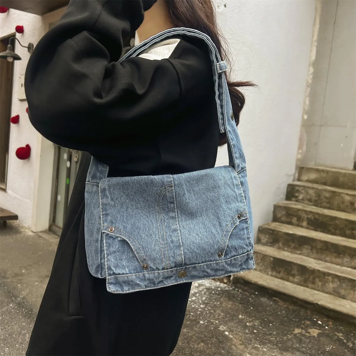 Denim Shoulder Bag for Women Satchels Large Crossbody Handbag Jean Casual Tote Purse