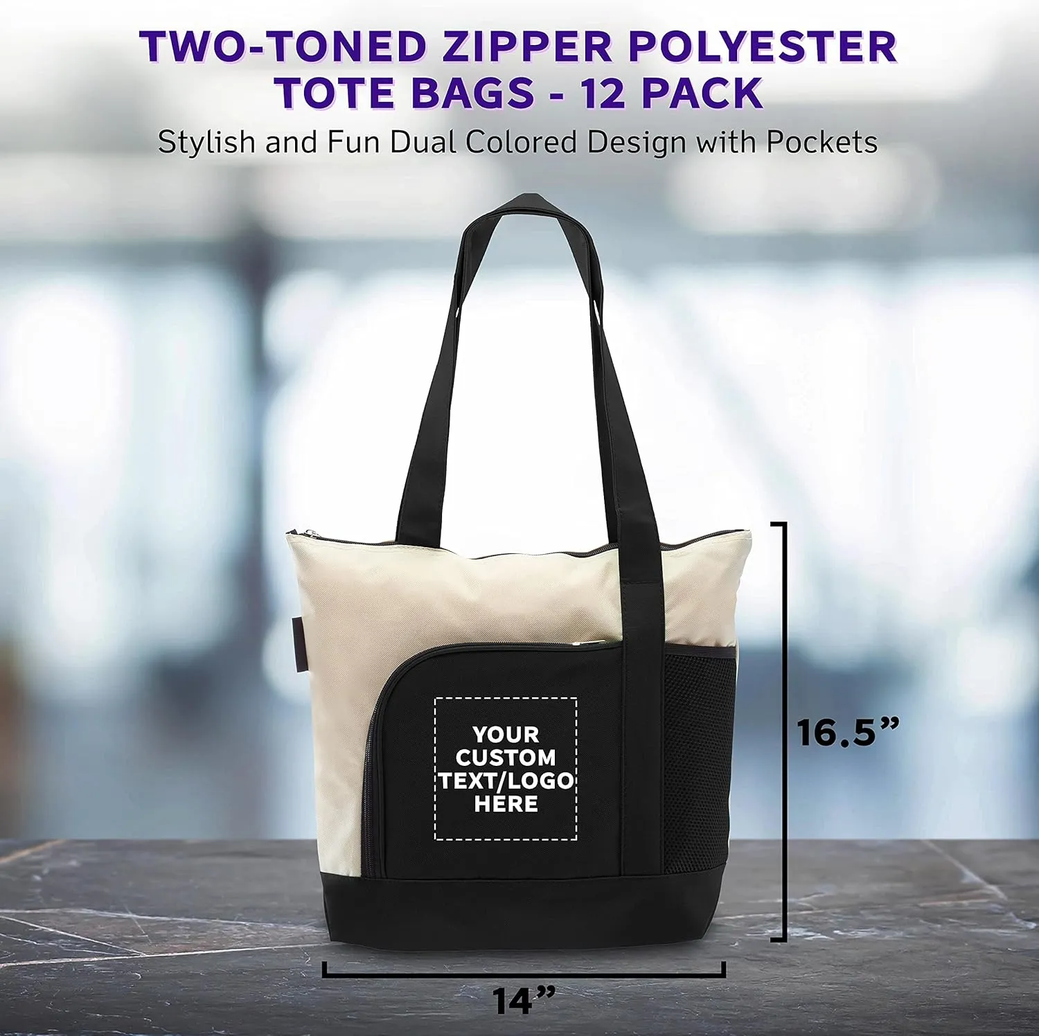 DISCOUNT PROMOS 12 Zipper Polyester Tote Bags Set - Customizable Text, Logo - Two-tone, Zipper Closure, Pen Loop - Black