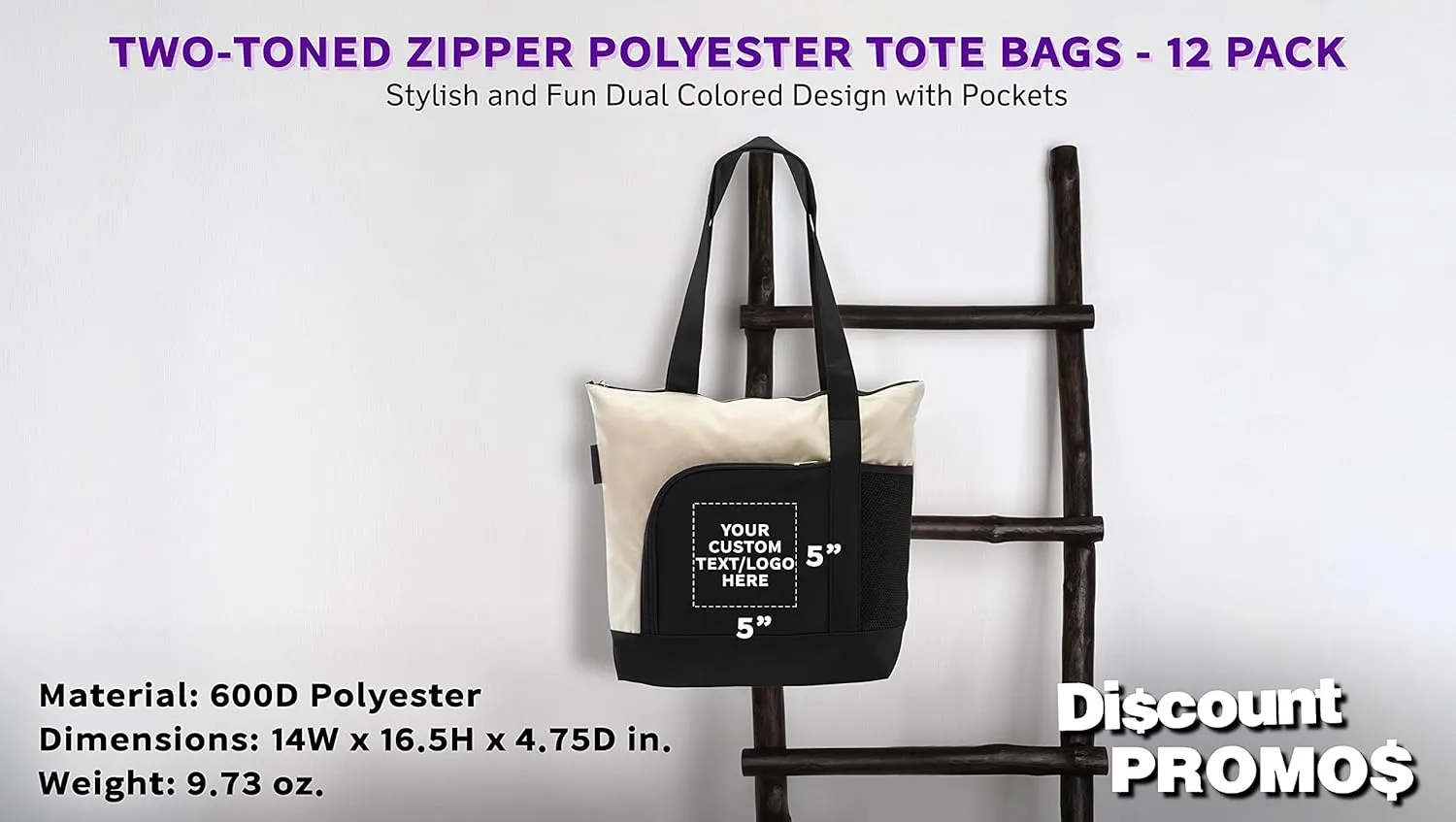 DISCOUNT PROMOS 12 Zipper Polyester Tote Bags Set - Customizable Text, Logo - Two-tone, Zipper Closure, Pen Loop - Black