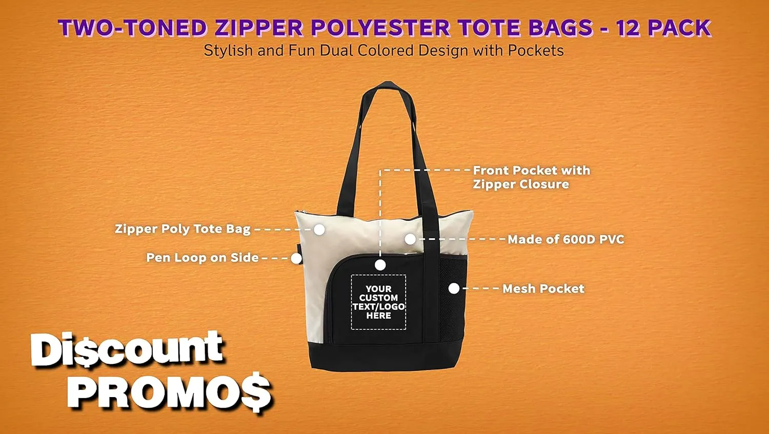 DISCOUNT PROMOS 12 Zipper Polyester Tote Bags Set - Customizable Text, Logo - Two-tone, Zipper Closure, Pen Loop - Black