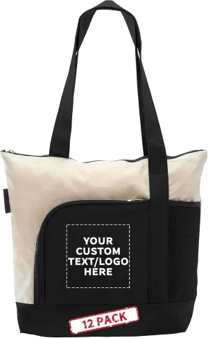 DISCOUNT PROMOS 12 Zipper Polyester Tote Bags Set - Customizable Text, Logo - Two-tone, Zipper Closure, Pen Loop - Black