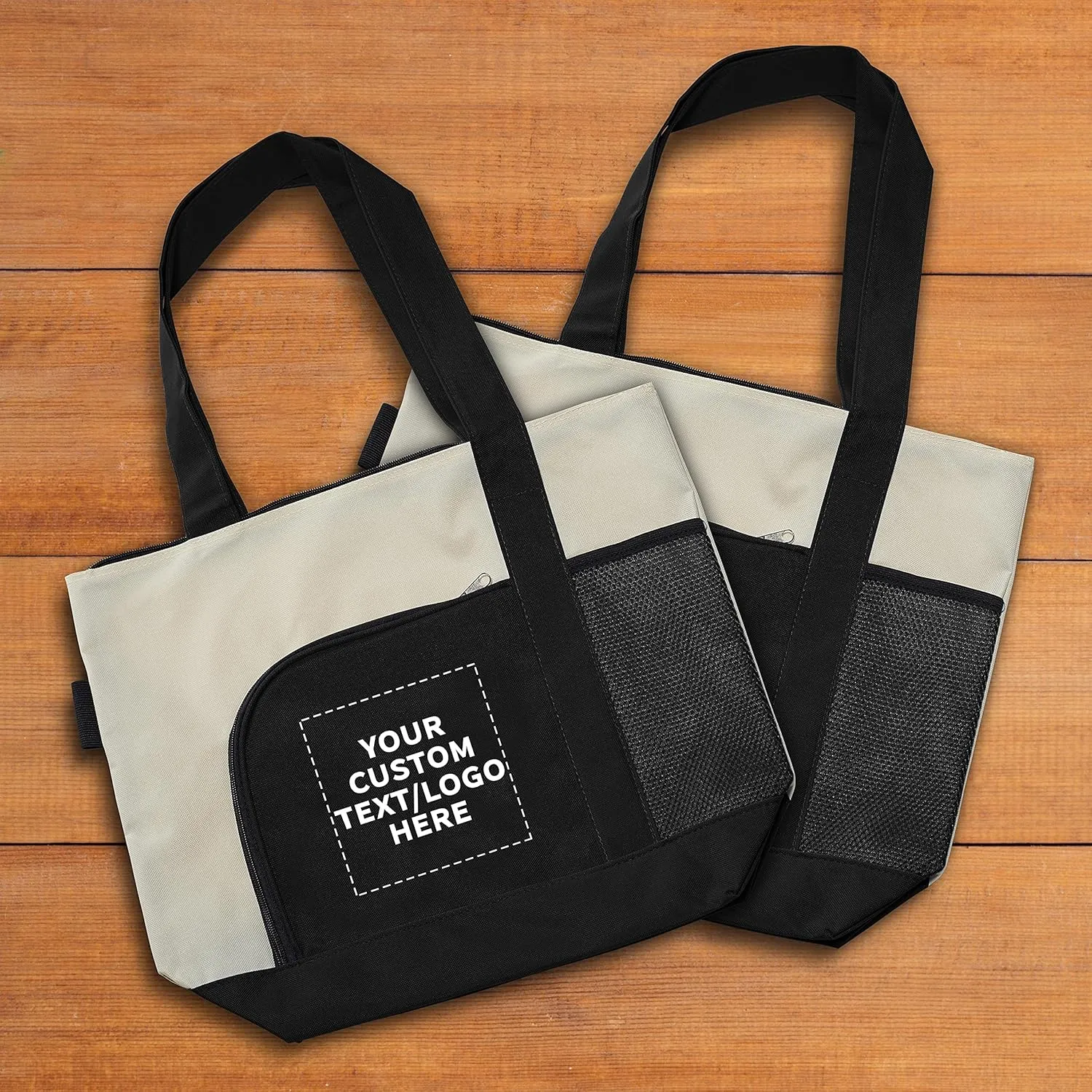 DISCOUNT PROMOS 12 Zipper Polyester Tote Bags Set - Customizable Text, Logo - Two-tone, Zipper Closure, Pen Loop - Black