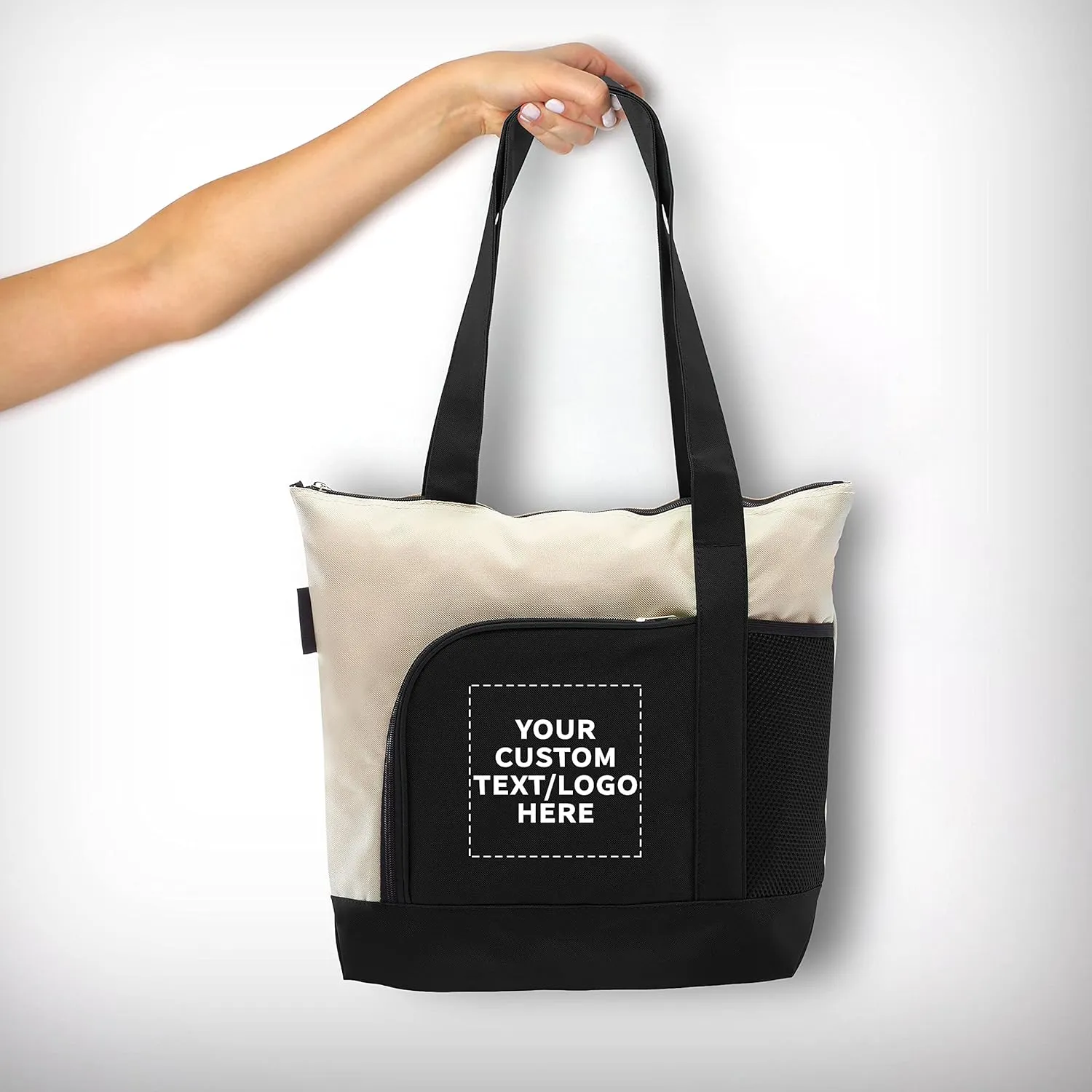 DISCOUNT PROMOS 12 Zipper Polyester Tote Bags Set - Customizable Text, Logo - Two-tone, Zipper Closure, Pen Loop - Black