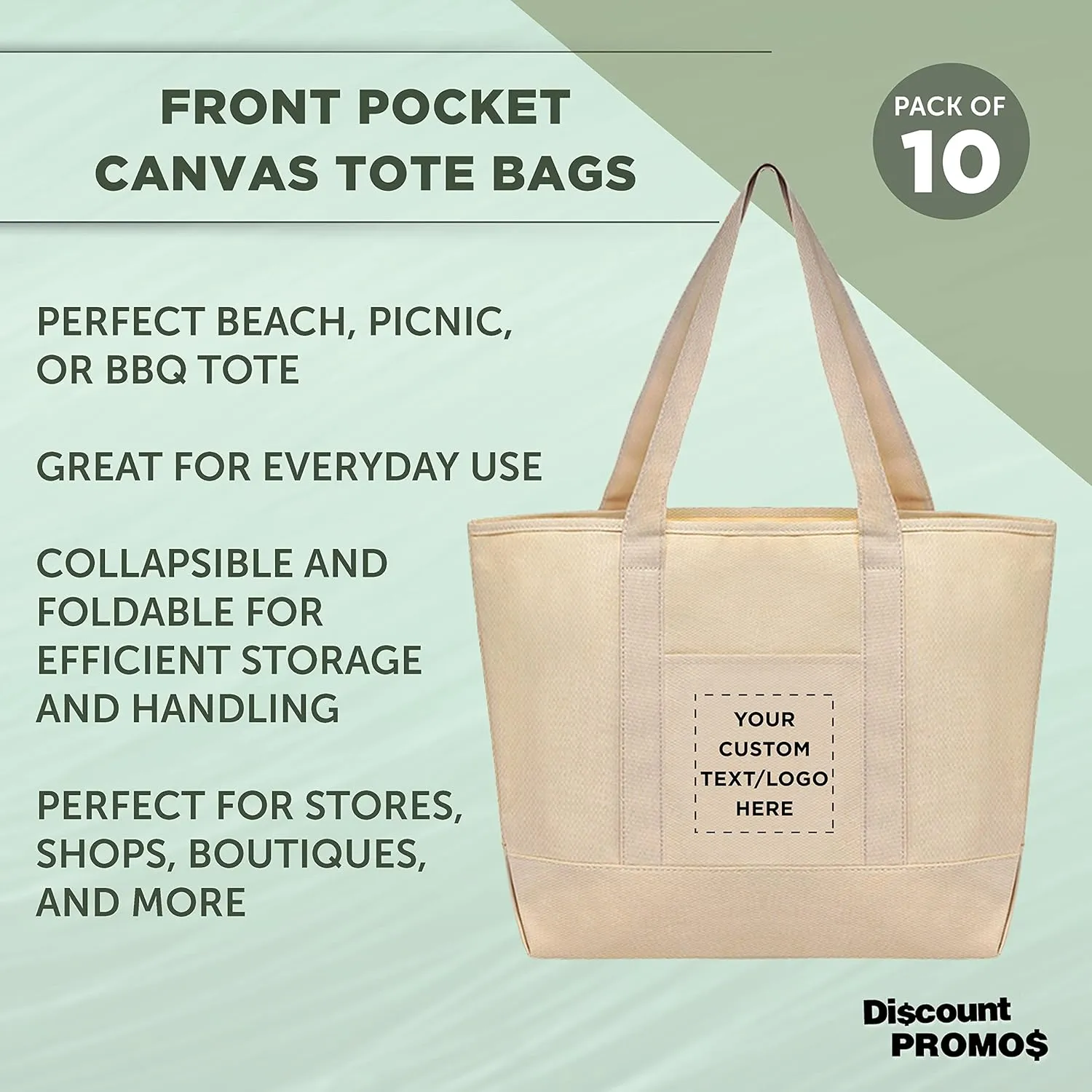 DISCOUNT PROMOS Custom Front Pocket Canvas Tote Bags Set of 10, Personalized Bulk Pack - Perfect for Employees, Students, And For Everyday Use - Natural