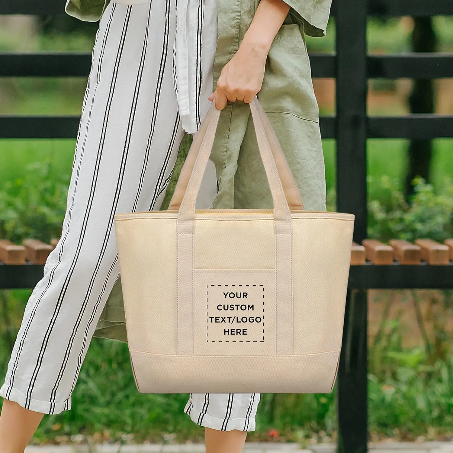 DISCOUNT PROMOS Custom Front Pocket Canvas Tote Bags Set of 10, Personalized Bulk Pack - Perfect for Employees, Students, And For Everyday Use - Natural