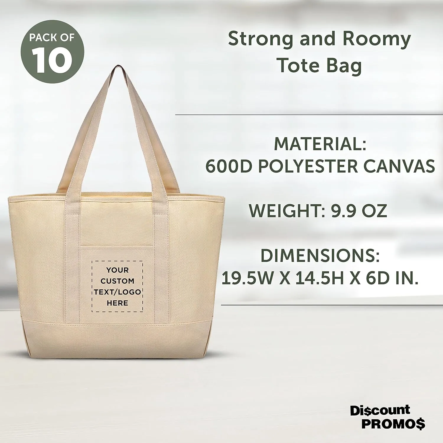 DISCOUNT PROMOS Custom Front Pocket Canvas Tote Bags Set of 10, Personalized Bulk Pack - Perfect for Employees, Students, And For Everyday Use - Natural