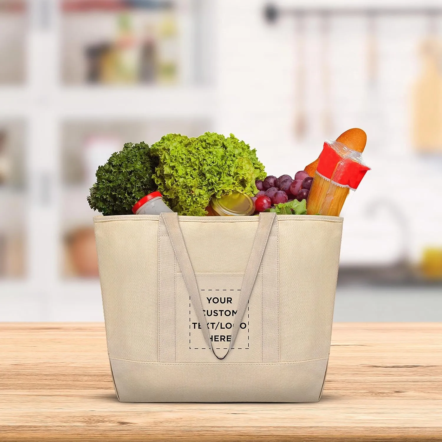 DISCOUNT PROMOS Custom Front Pocket Canvas Tote Bags Set of 10, Personalized Bulk Pack - Perfect for Employees, Students, And For Everyday Use - Natural