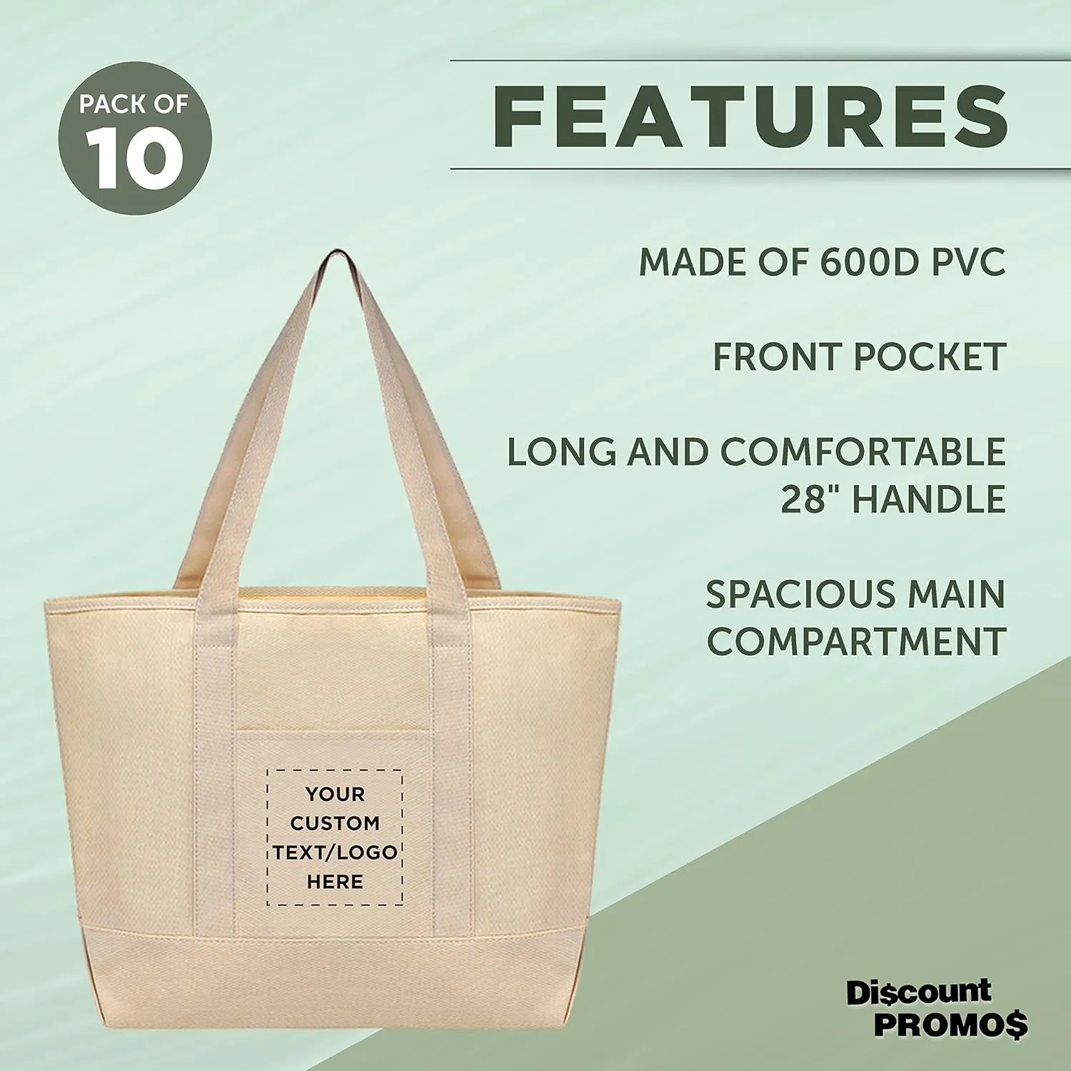 DISCOUNT PROMOS Custom Front Pocket Canvas Tote Bags Set of 10, Personalized Bulk Pack - Perfect for Employees, Students, And For Everyday Use - Natural
