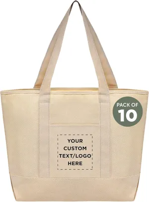 DISCOUNT PROMOS Custom Front Pocket Canvas Tote Bags Set of 10, Personalized Bulk Pack - Perfect for Employees, Students, And For Everyday Use - Natural
