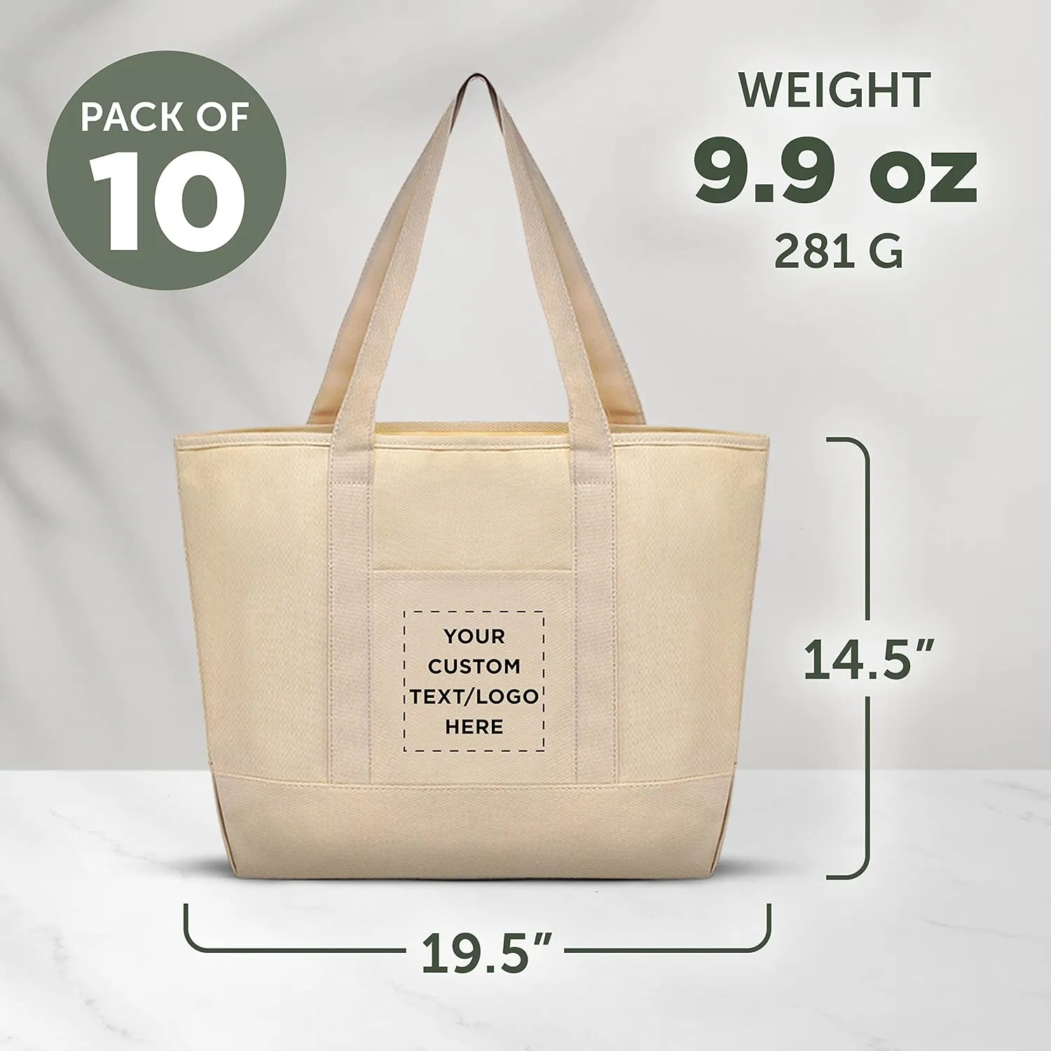 DISCOUNT PROMOS Custom Front Pocket Canvas Tote Bags Set of 10, Personalized Bulk Pack - Perfect for Employees, Students, And For Everyday Use - Natural