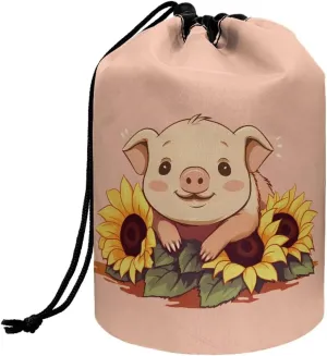 Dolyues Barrel Drawstring Makeup Bag Sunflower Pig Large Cosmetic Bag Toiletry Organizer for Women Travel Portable Pocket Large Storage Bag for Brush Toiletries Accessories