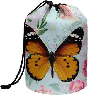 Dolyues Drawstring Barrel Makeup Bag for Women Butterfly Rose Cosmetic Bag Multifunctional Bucket Toiletry Bag Portable Collapsible Makeup Pouch Cute Cosmetic Travel Bags