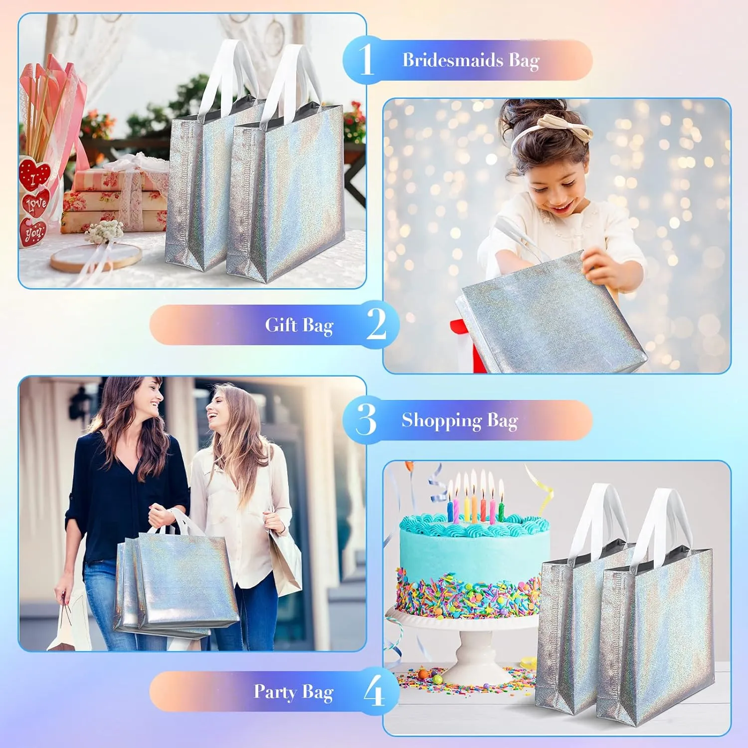Eccliy 60 Pcs Reusable Gift Tote Bags Cna Week Gifts 2025 Grocery Shopping Bag with Handles Thank You for Bridesmaid Wedding(Silver Iridescent)