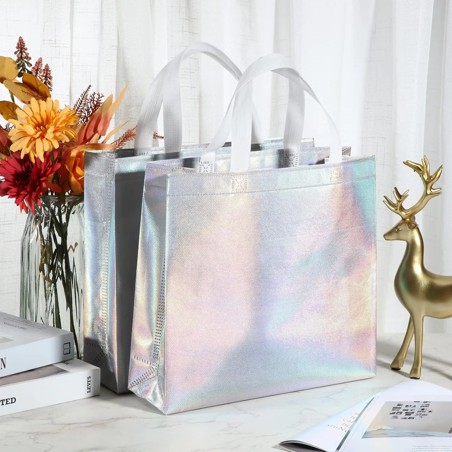 Eccliy 60 Pcs Reusable Gift Tote Bags Cna Week Gifts 2025 Grocery Shopping Bag with Handles Thank You for Bridesmaid Wedding(Silver Iridescent)