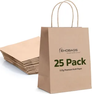 EKOBAGS Elegance Small Kraft Paper Gift Bags with Handles | Sturdy Brown Paper Bags Bulk for Retail, Shopping, Party Favors & Small Business | 100% Recyclable & Sustainable | 8.6x4x10 inches, 25-Pack