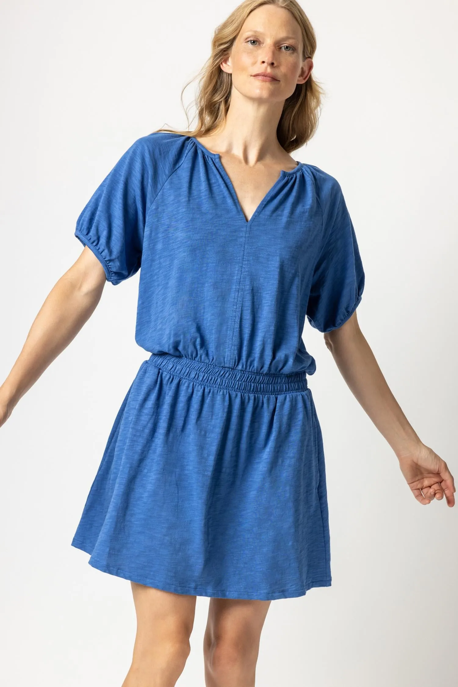 Elastic Waist Split Neck Dress