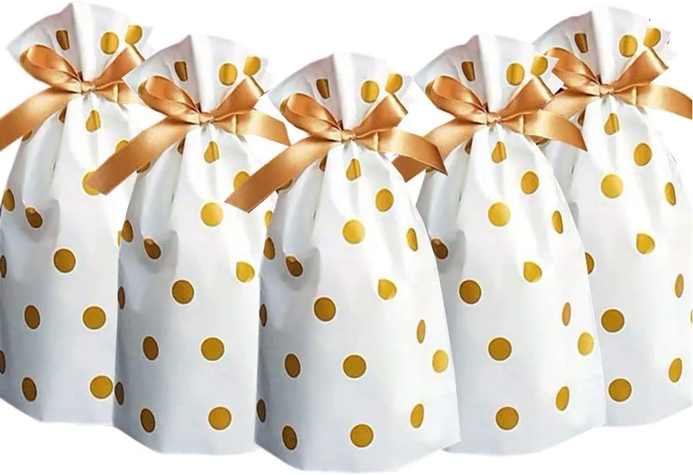 Elwish 24pcs Treat Bags Party Favor Bags Gold Plastic Drawstring Candy Goodies Food Storage Bags Gift Wrapping Package