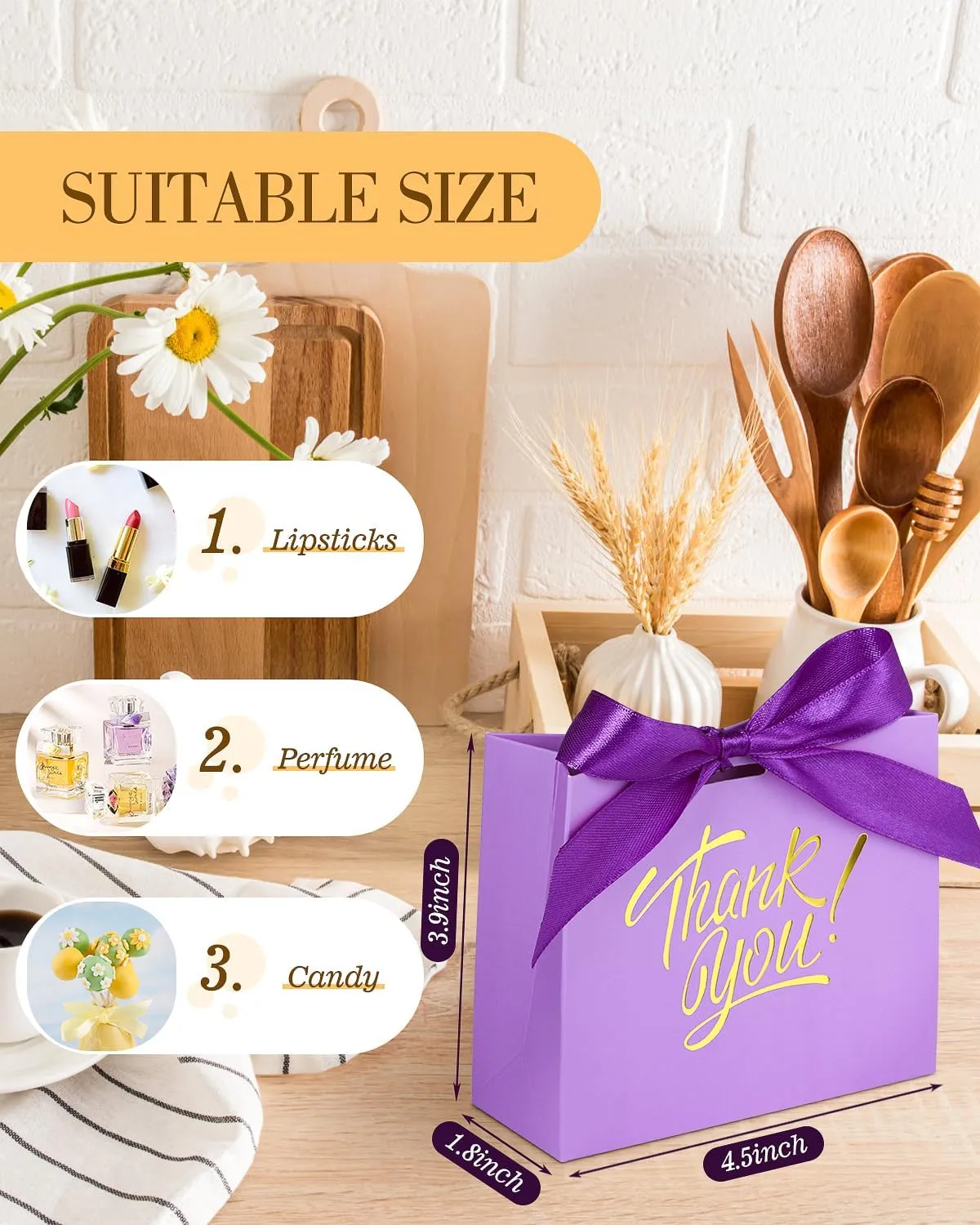 EQOREIIN Small Gift Bags, 25 Pack 4.5x1.8x3.9 Inches Mini Thank You Bags Purple Kraft Paper Gift Bag with Bow Ribbon, Small Candy Bags Gift Bag Bulk for Birthday Wedding Baby Shower (Purple)