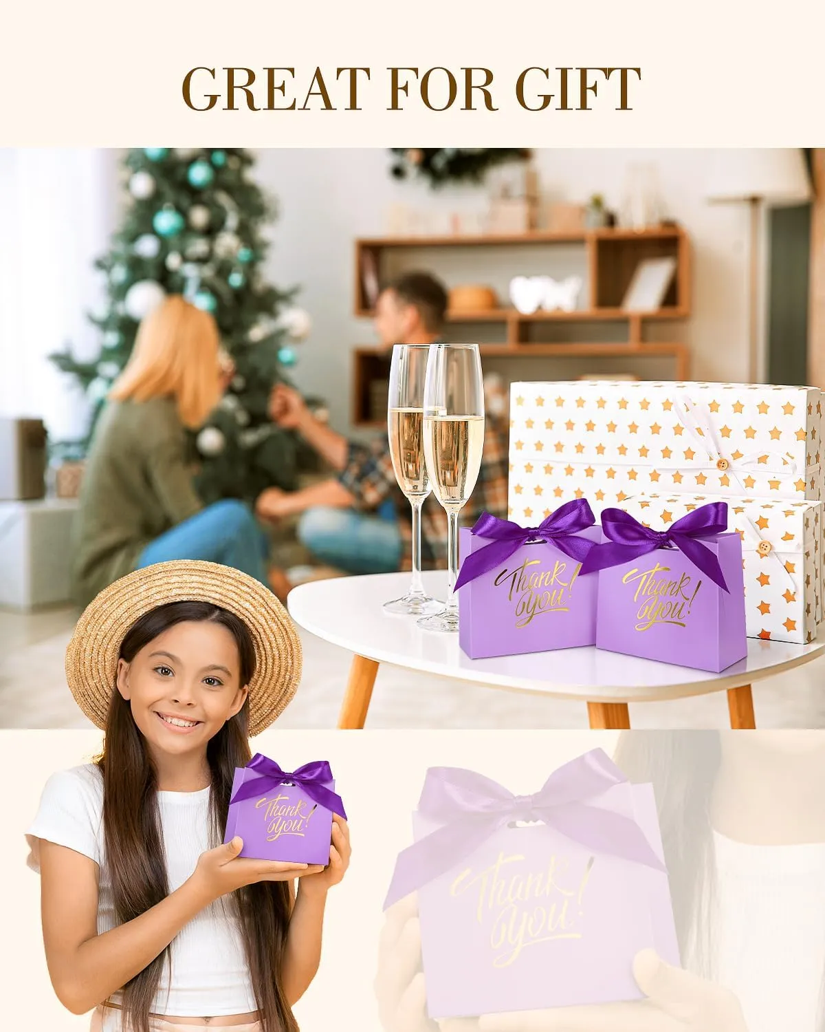 EQOREIIN Small Gift Bags, 25 Pack 4.5x1.8x3.9 Inches Mini Thank You Bags Purple Kraft Paper Gift Bag with Bow Ribbon, Small Candy Bags Gift Bag Bulk for Birthday Wedding Baby Shower (Purple)