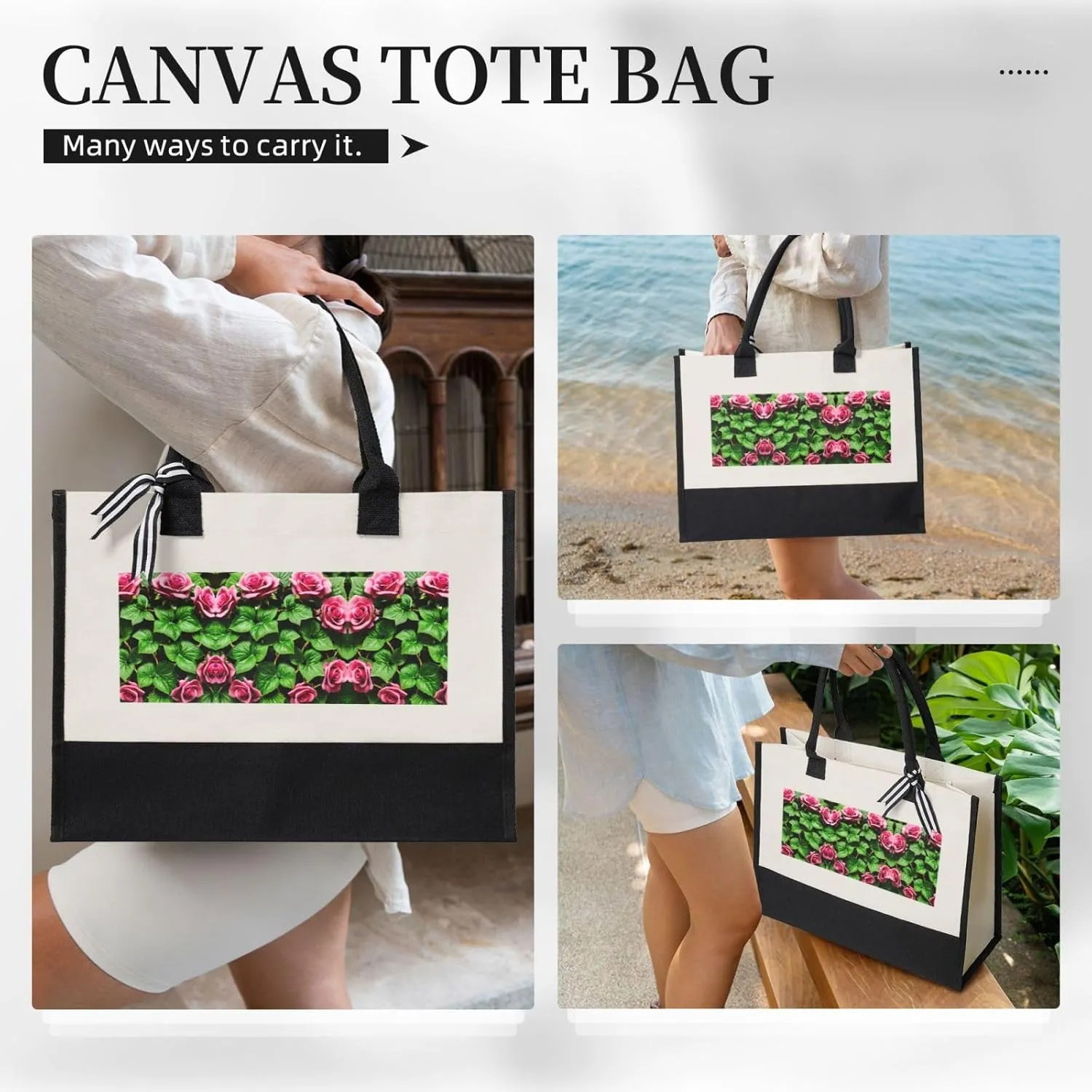 Floral Rose Ivy With Leaves Spring Christmas Tote Bags With Handles Canvas Reusable Gift Bag For Women