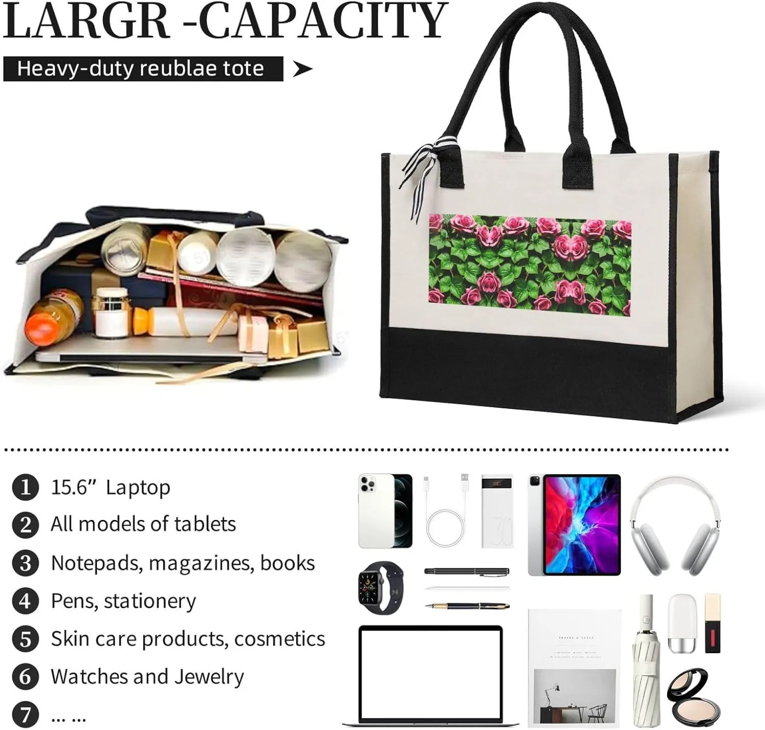 Floral Rose Ivy With Leaves Spring Christmas Tote Bags With Handles Canvas Reusable Gift Bag For Women