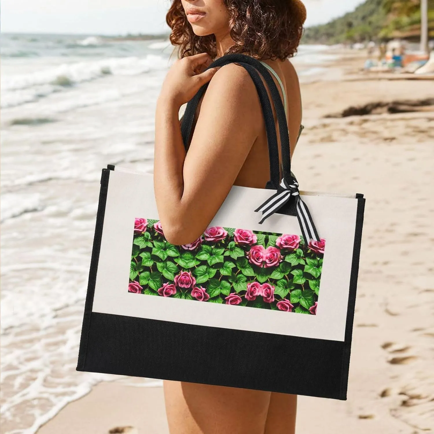 Floral Rose Ivy With Leaves Spring Christmas Tote Bags With Handles Canvas Reusable Gift Bag For Women