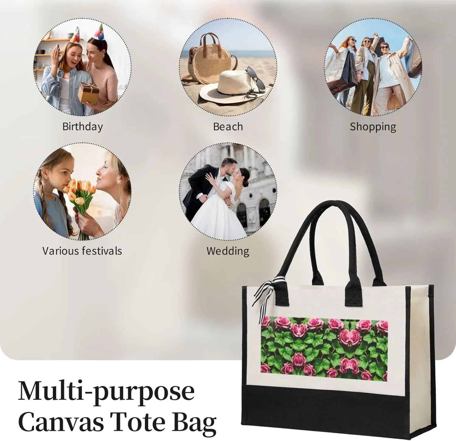 Floral Rose Ivy With Leaves Spring Christmas Tote Bags With Handles Canvas Reusable Gift Bag For Women