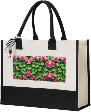 Floral Rose Ivy With Leaves Spring Christmas Tote Bags With Handles Canvas Reusable Gift Bag For Women