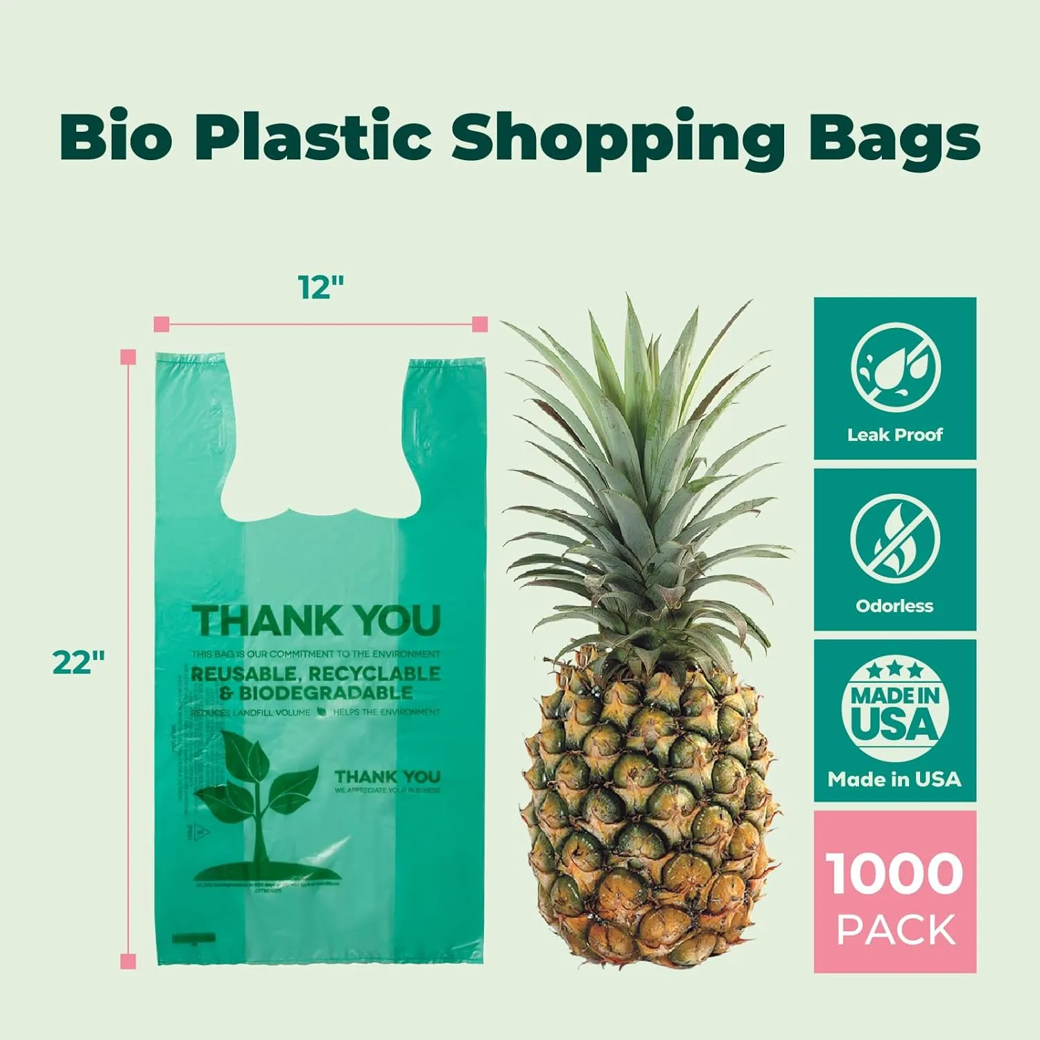 FMP Brands 1000 Count Eco Biodegradable Plastic Grocery Bags with Handles, Reusable Plastic Shopping Bags Bulk for Small Business, Restaurant, Groceries, Supermarket